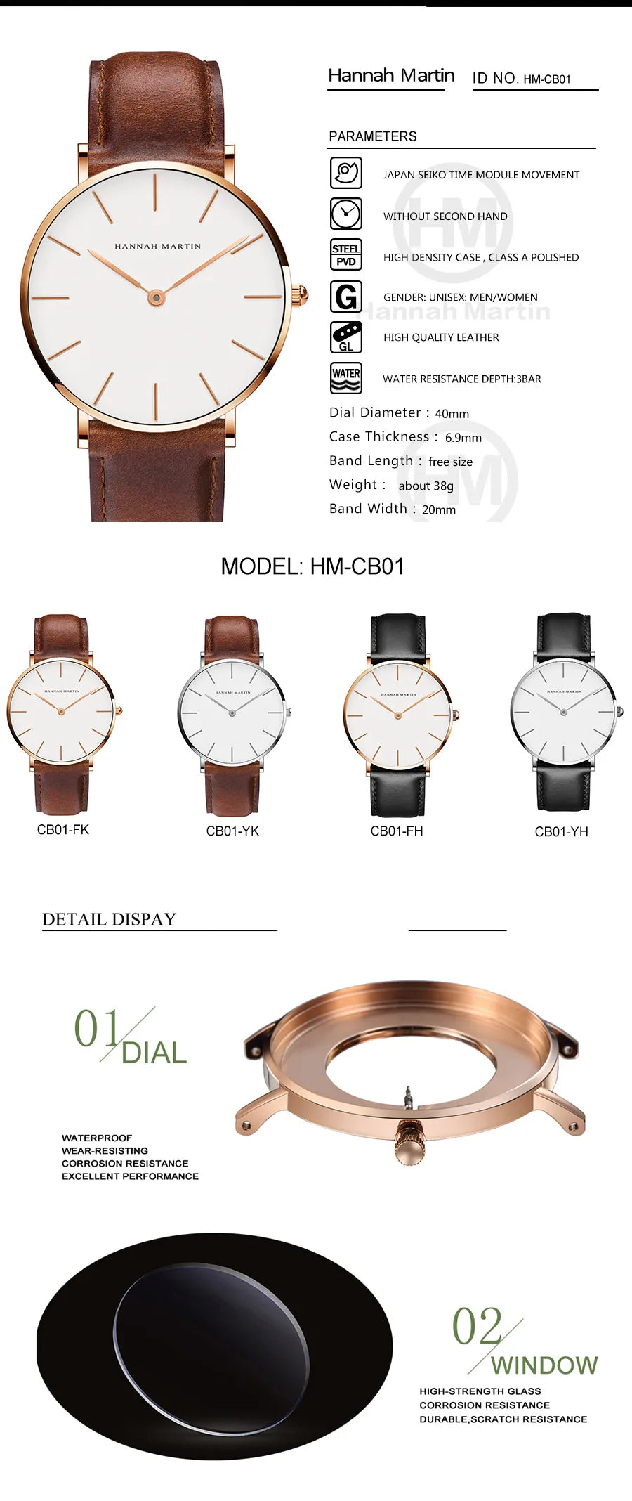 Montre Homme Hannah Martin Quartz Japonais – Bracelet Cuir Marron Argenté Étanche Fashion