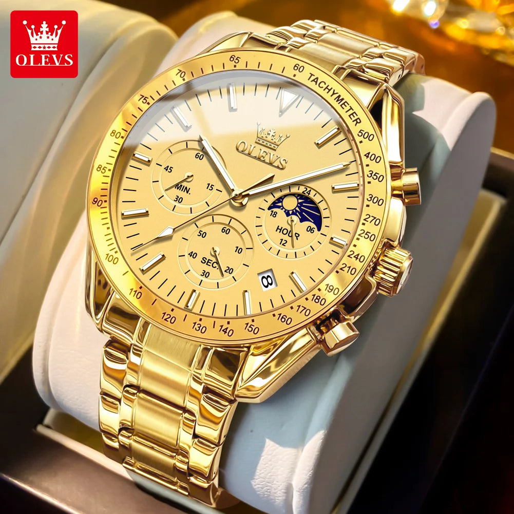 Montre Homme OLEVS Chronographe Phase de Lune Quartz Bleu Acier – Étanche Lumineux Date Fashion