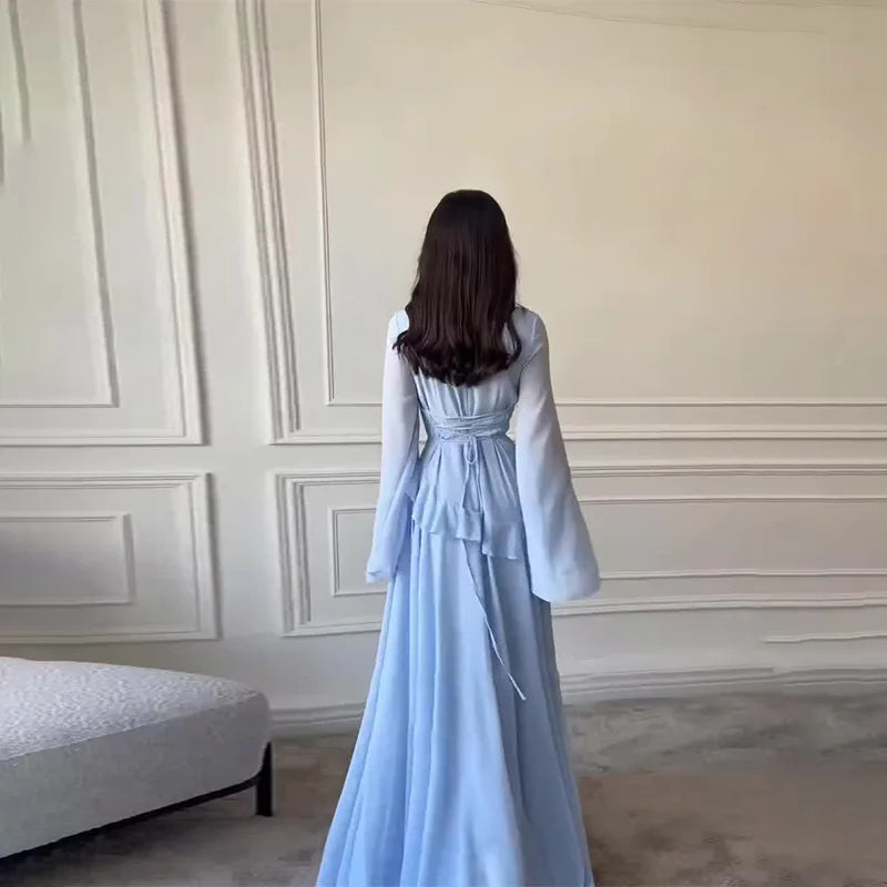 Robe Maxi Femme Chiffon Unie Volants Manches Papillon Col Rond – Élégante Soirée & Gala | 2025