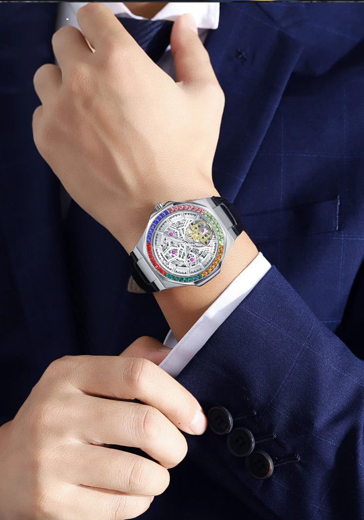 Montre Homme Tourbillon Automatique Mécanique – Lunette Gemmes Arc-en-Ciel Sport Business