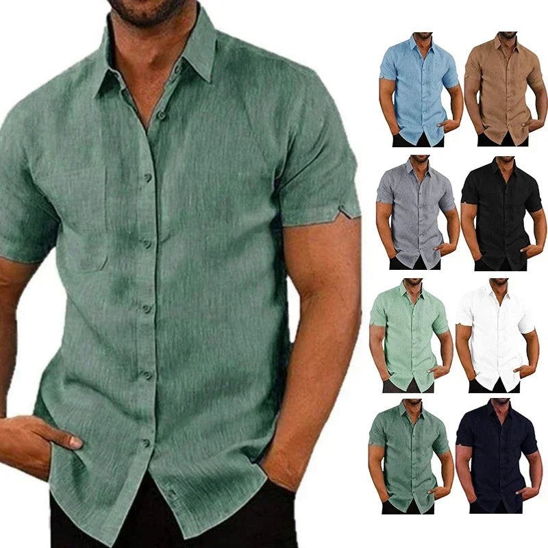 Herrenhemd Leinen Baumwolle Sommer Kurzarm Casual Unifarben Umlegekragen Formell Strand Leicht Atmungsaktiv – Lässiges Schickes Trendhemd | Premium Herrenmode