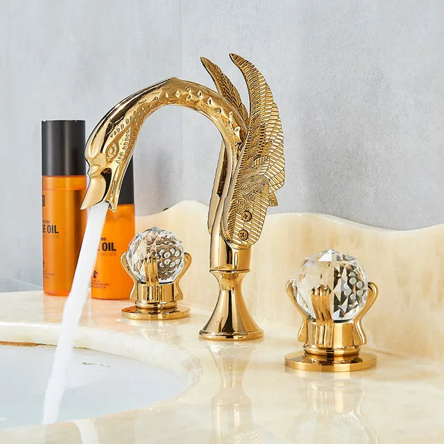 Rozin Robinet Lavabo Cygne Or Luxe – Double Poignée Cristal, Mitigeur Eau Chaude & Froide | Pièce Maîtresse Salle de Bain