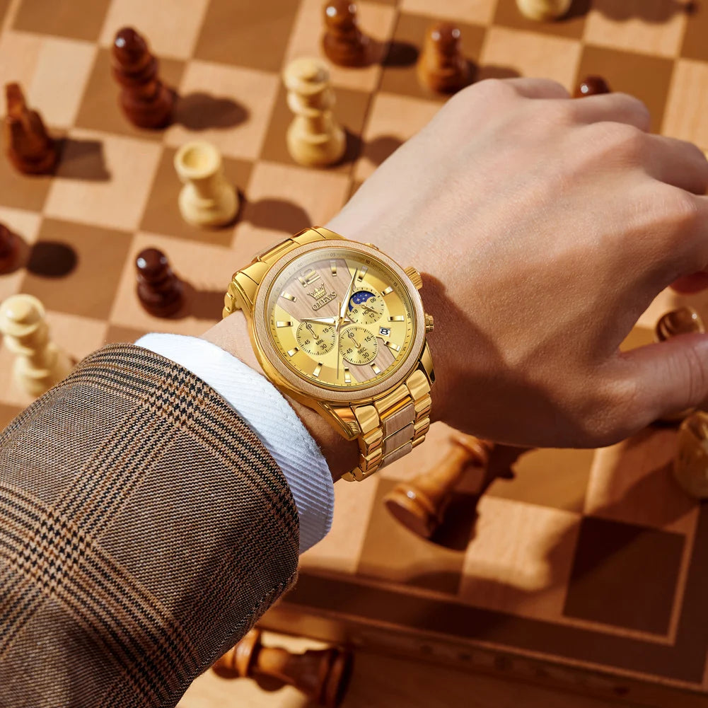 Montre Homme OLEVS Luxe Quartz – Bracelet Acier & Bois Santal Rouge Lumineux Étanche Calendrier