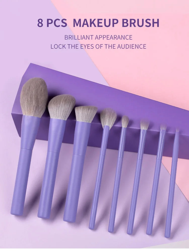 Set 8 Pinceaux Maquillage Violet & Rose Vegan – Poils Synthétiques | Fond de Teint, Fards & Poudre | Accessoire Beauté Premium