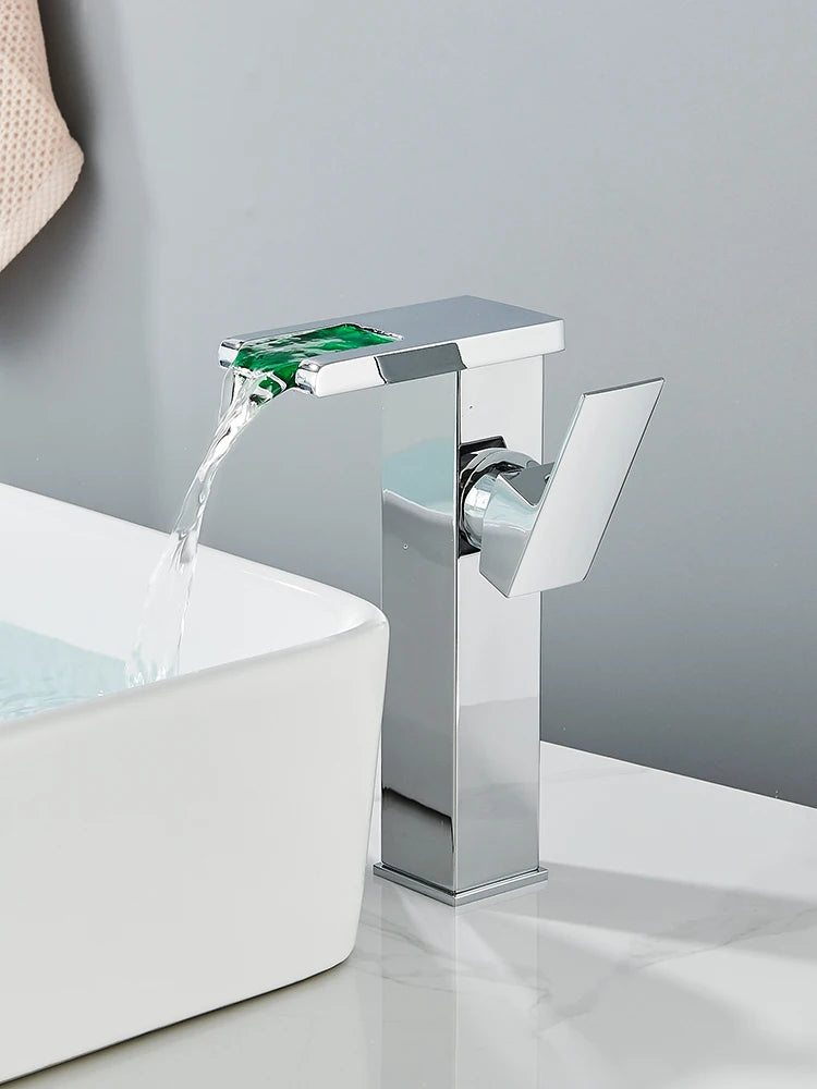 Rozin Robinet Lavabo Noir LED Cascade Hydroélectrique – Mitigeur Eau Chaude & Froide, Lumière LED Automatique | Vasque Design
