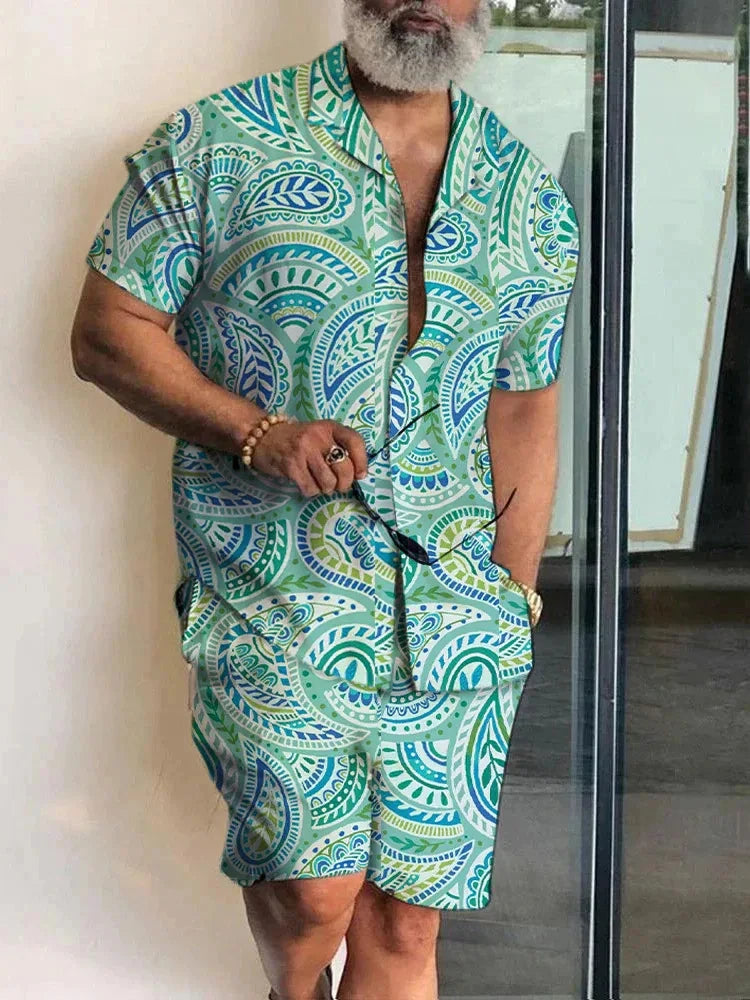 Ensemble 2 Pièces Homme Chemise Hawaïenne Manches Courtes + Short À Cordon Été Vacances Resort | Set Hawaii Premium