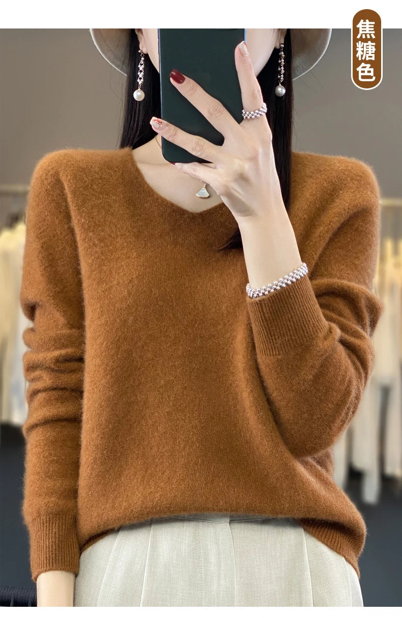 Kaschmirpullover 100% Wolle V-Ausschnitt Damen - Strick Casual Korean Fashion Herbst Winter