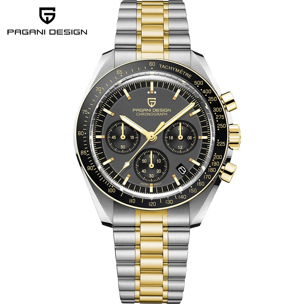 Montre Homme PAGANI DESIGN 2025 Lune Or Argent Quartz – Chronographe Saphir AR Date Auto