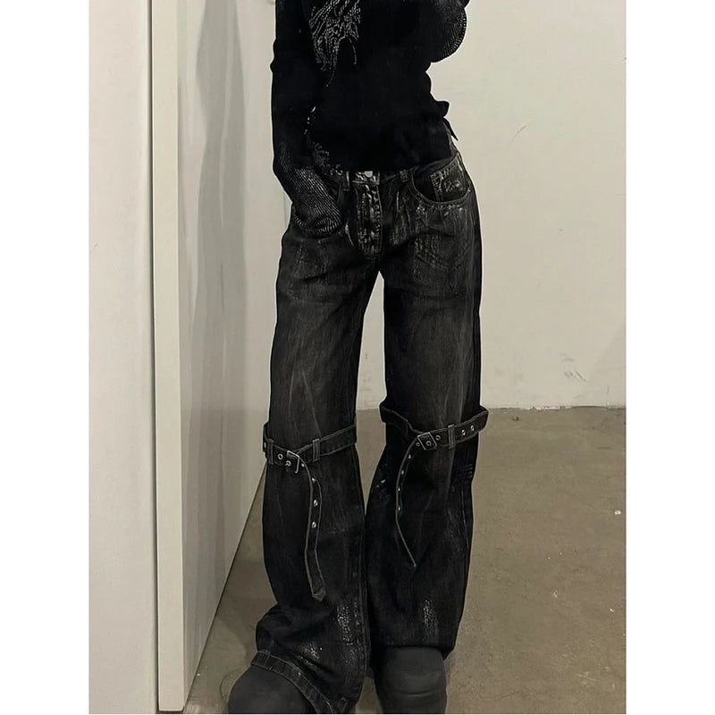 Jean Large Femme Noir Taille Haute Y2K Harajuku Étoiles Hip Hop Streetwear – Pantalon Denim Jambe Large Tendance | Style Coréen