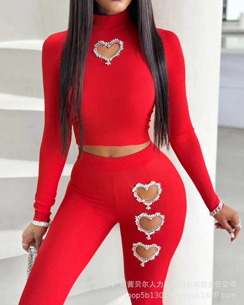 Ensemble 2 Pièces Femme Col Roulé Sexy & Gainant – Top Manches Longues Échancrures & Pantalon Taille Haute | Mode Chic & Tendance