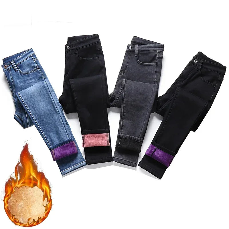 Jean Femme Thermique Skinny Taille Haute Chaud Polaire Stretch Denim – Pantalon Crayon Hiver Neige Confortable | Mode