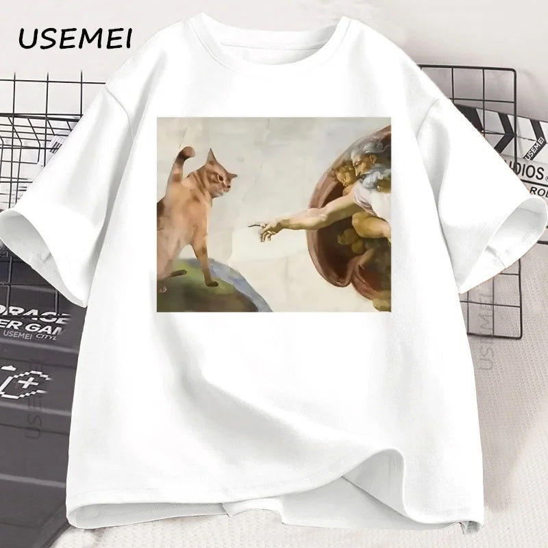 T-Shirt Unisexe Humour Chat Dieu Création d'Adam Meme Jésus Coton Vintage Manches Courtes Col Rond – Streetwear Meme Culte | Mode Casual