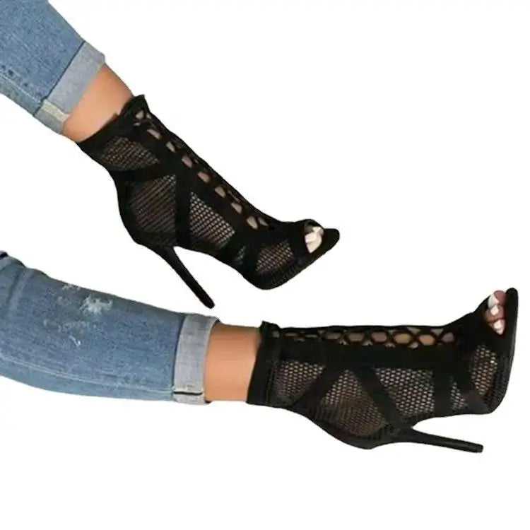 Sandales Mesh Cross Strap Peep Toe Talon Haut – Sexy Noir Dentelle Lacets Pumps Casual