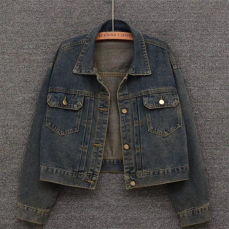 Veste Courte Femme Denim Bleu Col Rond Poches Style Coréen Ample – Mode Chic & Classique | Automne