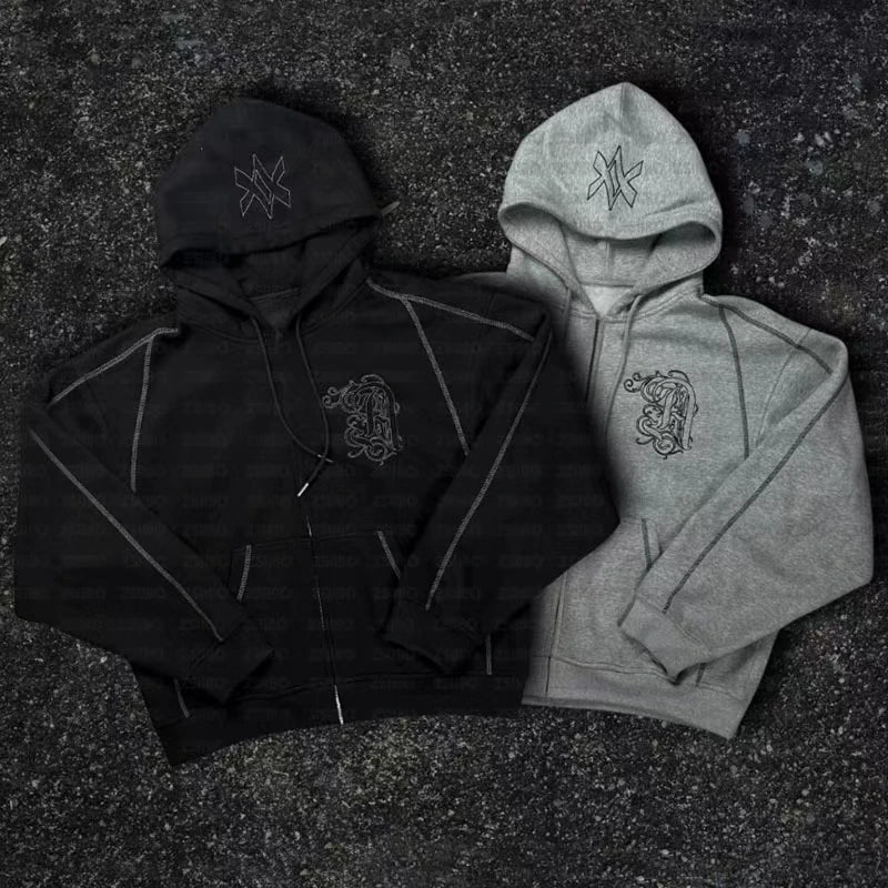 Ensemble 2 Pièces Y2K Américain Unisexe – Sweat Capuche Zip Oversize Broderie Hip Hop + Jogging Casual Homme & Femme | Streetwear