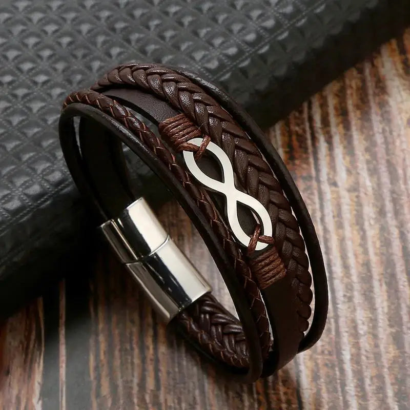 Bracelet Cuir Multi-Rangs Symbole Infini Acier Inoxydable Homme – Style Punk & Biker Authentique | Bijou Homme Streetwear Cadeau Mode Premium