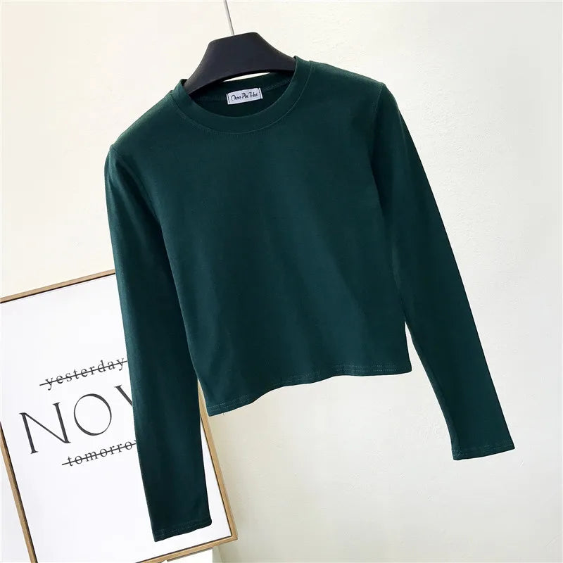 Top Femme Sexy Col Rond Manches Longues Découpe Nombril Basique – Mode Casual & Tendance | Automne