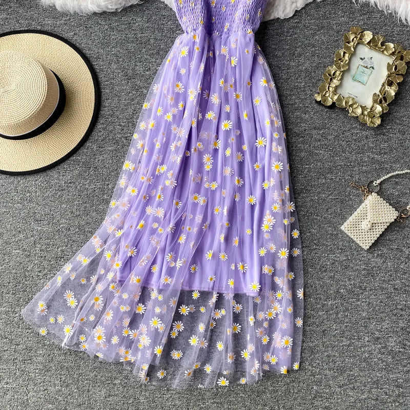 Robe Longue Dentelle Mesh Imprimé Marguerites - Bretelles Fines Fronces Sexy Korean Fashion Été