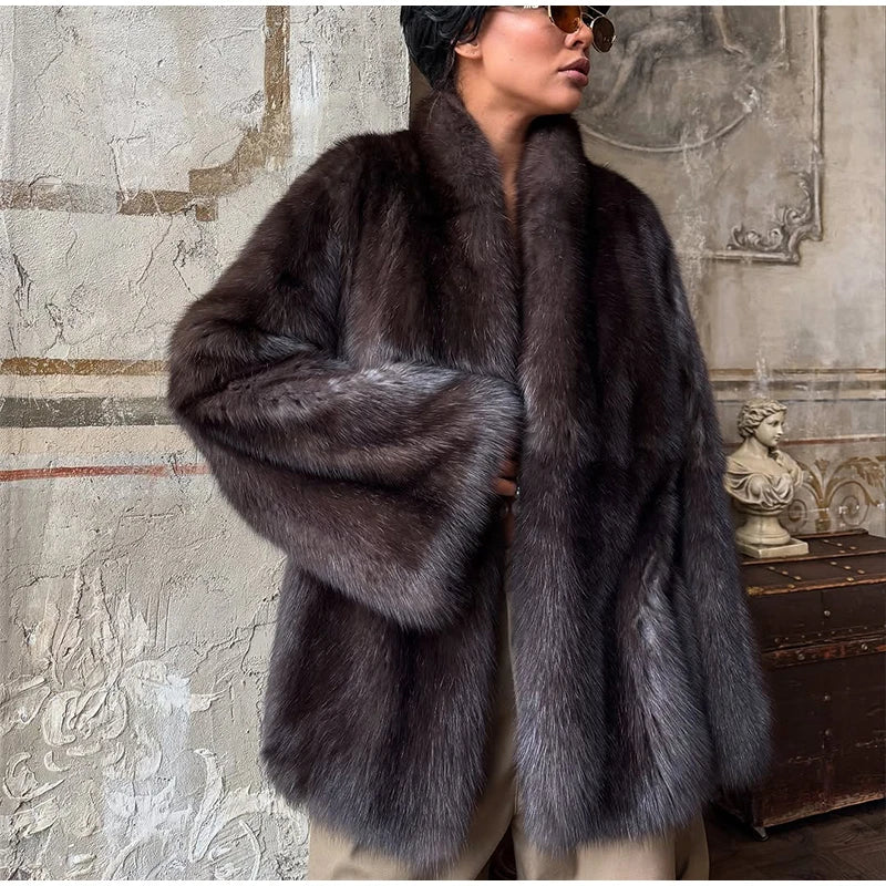 Manteau Femme Mi-Long Fausse Fourrure Col Revers Boutons Cachés Ample Élégant – Overcoat Bureau Chic | Hiver