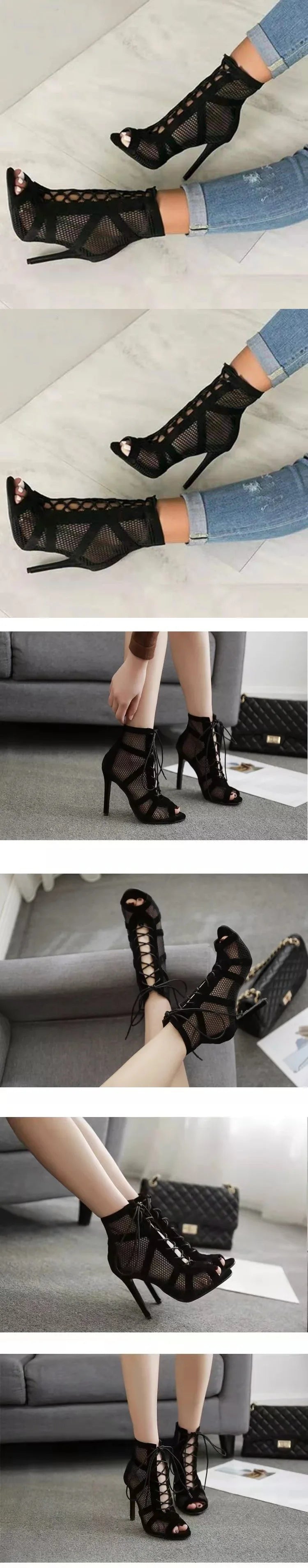 Sandales Mesh Cross Strap Peep Toe Talon Haut – Sexy Noir Dentelle Lacets Pumps Casual