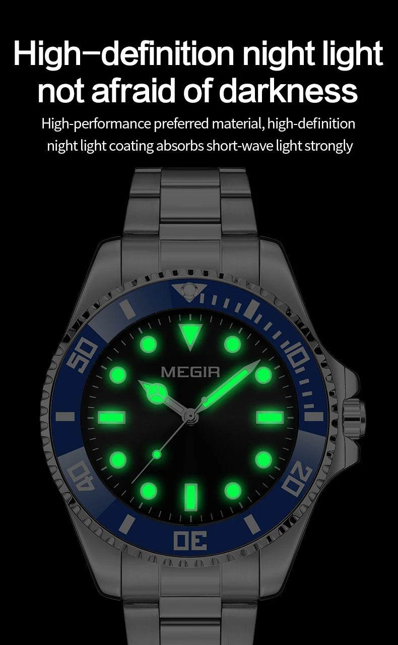 Montre Homme Luxe MEGIR Quartz Acier Calendrier – Classique Étanche Fashion