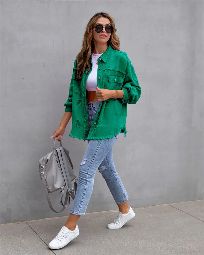 Veste en Jean Femme Bords Bruts Troués – Style Chemise Casual | Printemps Automne Tendance 2025