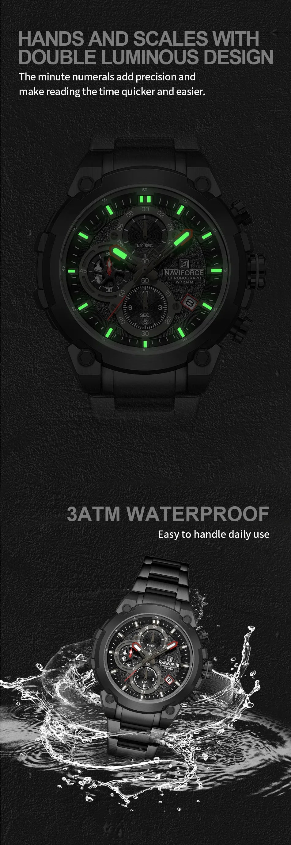 Montre Homme NAVIFORCE Chronographe Sport Militaire Calendrier Quartz – Étanche Fashion