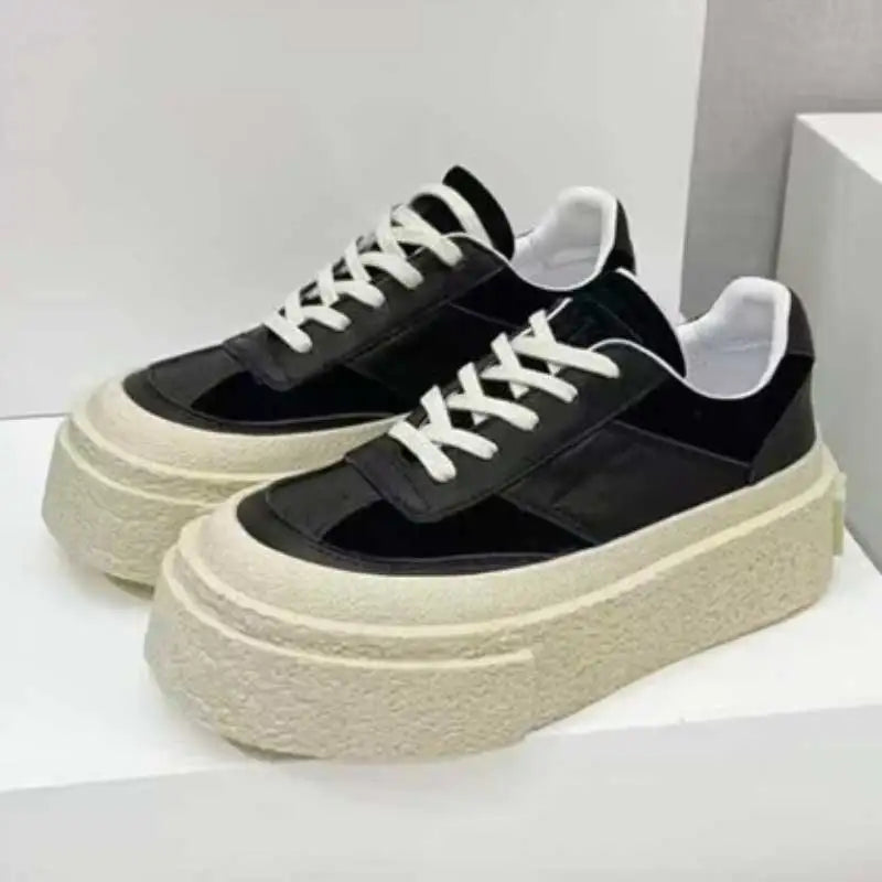 Chaussures Cuir Véritable Femme Cake Sole 2024 – Blanches Casual Élévées Sport Printemps