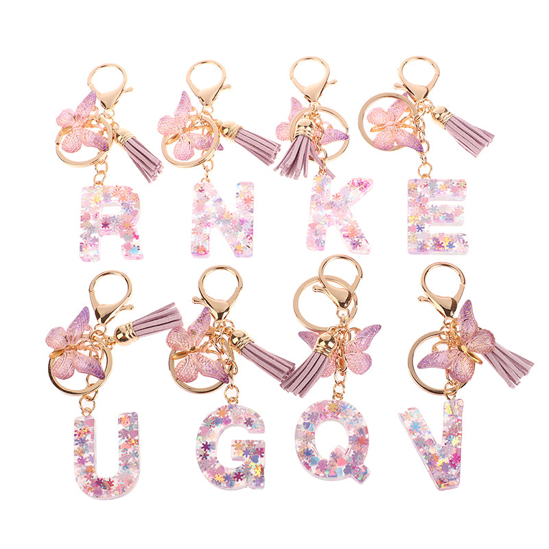 Porte-Clés Lettre Initiale Sequins Femme – Pendentif Papillon Pompon Sac Voiture Bijou