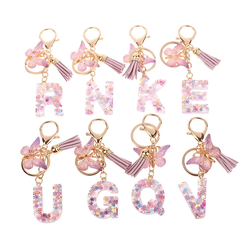 Porte-Clés Lettre Initiale Sequins Femme – Pendentif Papillon Pompon Sac Voiture Bijou