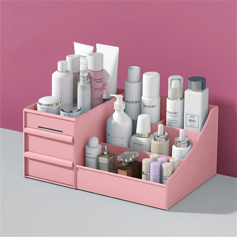 Boîte Rangement Maquillage Rose Tiroir Plastique – Étagère Bureau & Coiffeuse | Organisateur Cosmétiques Desktop