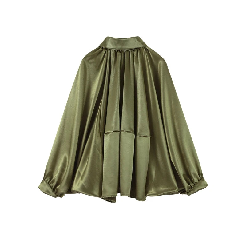 Veste Femme Suède Vert Élégante Manches Bouffantes Revers Fermeture Éclair Ample Plissée – Blouson Court Streetwear Printemps Automne | Mode 2025