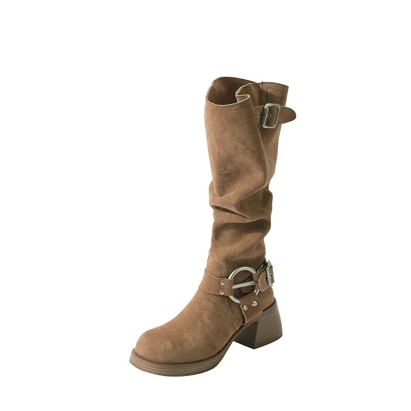 Bottes Cowboy Femme Marron Vintage Boucle Métal 2024 – Talon Carré Longues Knight Fashion