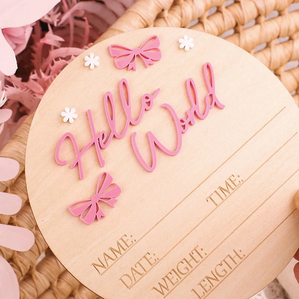 Pancarte Naissance Bébé « Hello World » – Déco Maternité Rose Poudré Papillon Étoile Photo Nouveau-Né