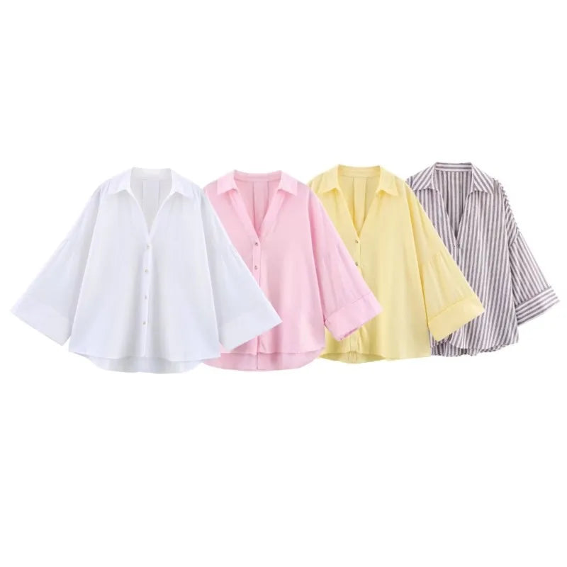 Chemise Femme Manches Larges Col Johnny – Ourlet Asymétrique & Boutons | Style Casual Chic Printemps