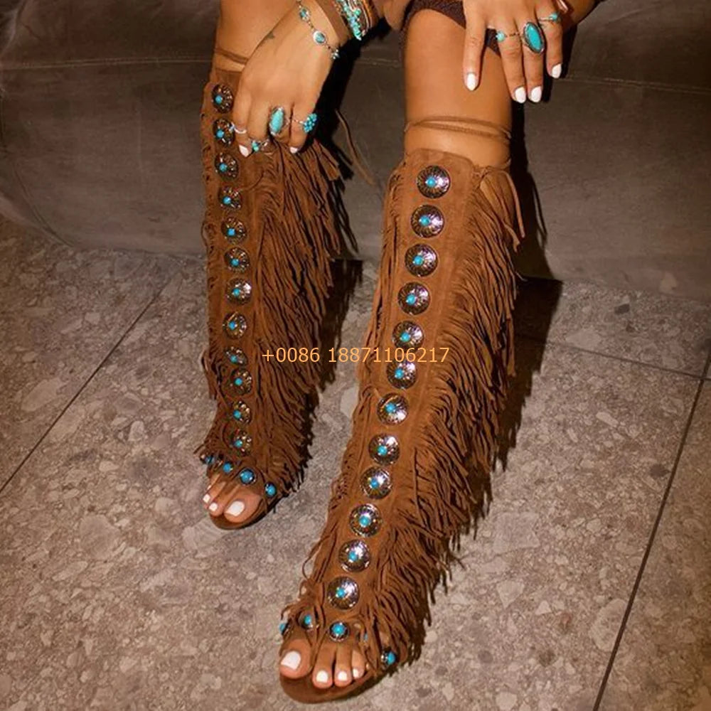 Bottes Gland Gemmes Catwalk Stiletto Femme – Luxe Romain Bout Ouvert Scène Mode