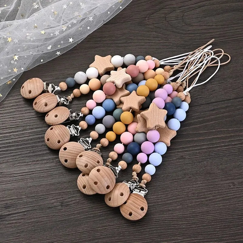 Attache-Tétine Bébé Perles Silicone & Bois Étoile – Chaîne Anneau Dentition Jouet À Mâcher Cadeau Naissance