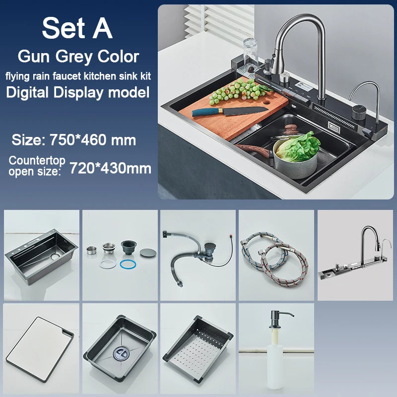 Évier Cuisine Inox 75x45cm Affichage Digital Température – Grand Bac, Robinet Cascade Eau Chaude & Froide | Design Moderne