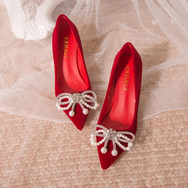 Chaussures Mariée Perle Talon Épais Bout Pointu – Xiuhe Robe Mariage Confortables
