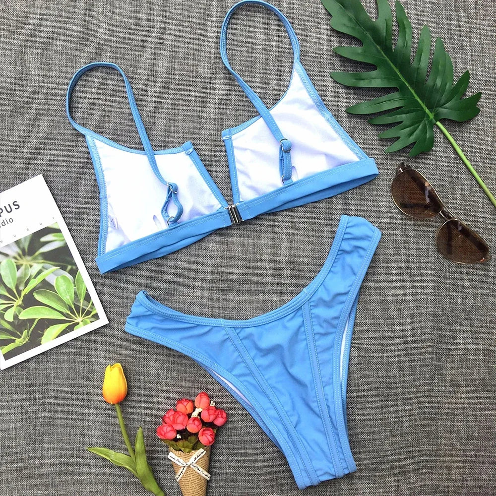 Bikini Femme 2 Pièces Denim Effet Jeans Tanga V Push-Up – Maillot de Bain Sexy Été & Plage