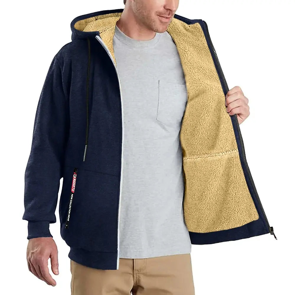 Unisex-Kapuzenstrickjacke aus Lammwolle, gefüttert mit Plüsch, Reißverschluss, Vordertaschen, warm für den Winter, einfarbig | Premium Hoodie aus Lammwolle