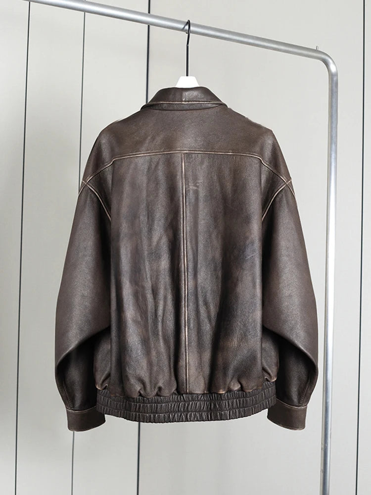 Oversize Jacke Kunstleder Distressed Damen – Vintage Retro Stil Reißverschluss | Braun Schwarz Frühling Herbst