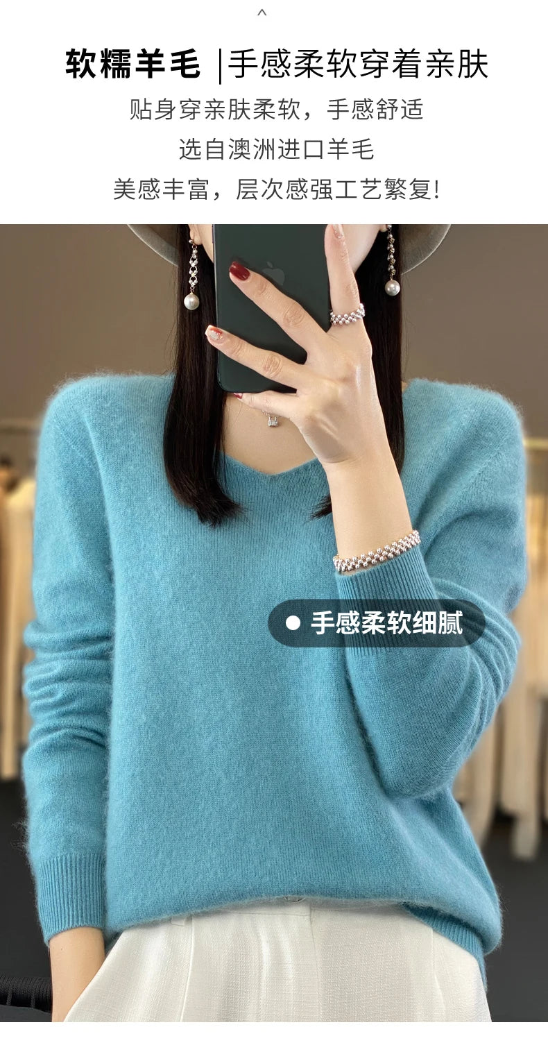 Kaschmirpullover 100% Wolle V-Ausschnitt Damen - Strick Casual Korean Fashion Herbst Winter