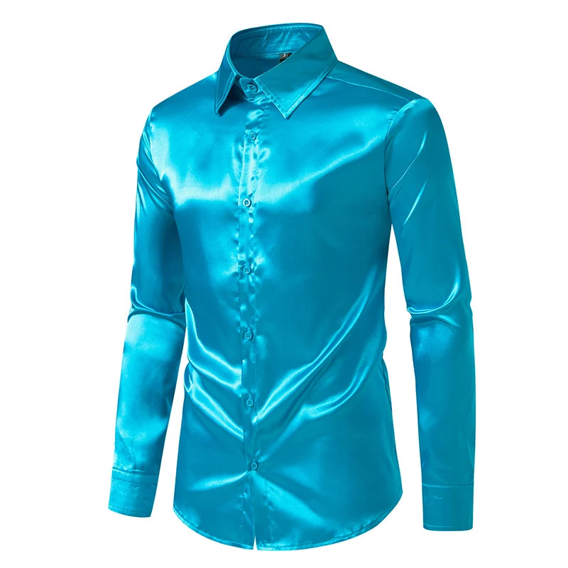 Chemise Homme Satin Noir Luxe Soie Lisse Tuxedo Mariage Soirée Prom Casual Business Bureau Élégante Couleur Unie Premium – Chemise Satin Luxe Cérémonie | Mode Homme Luxe Cérémonie Premium