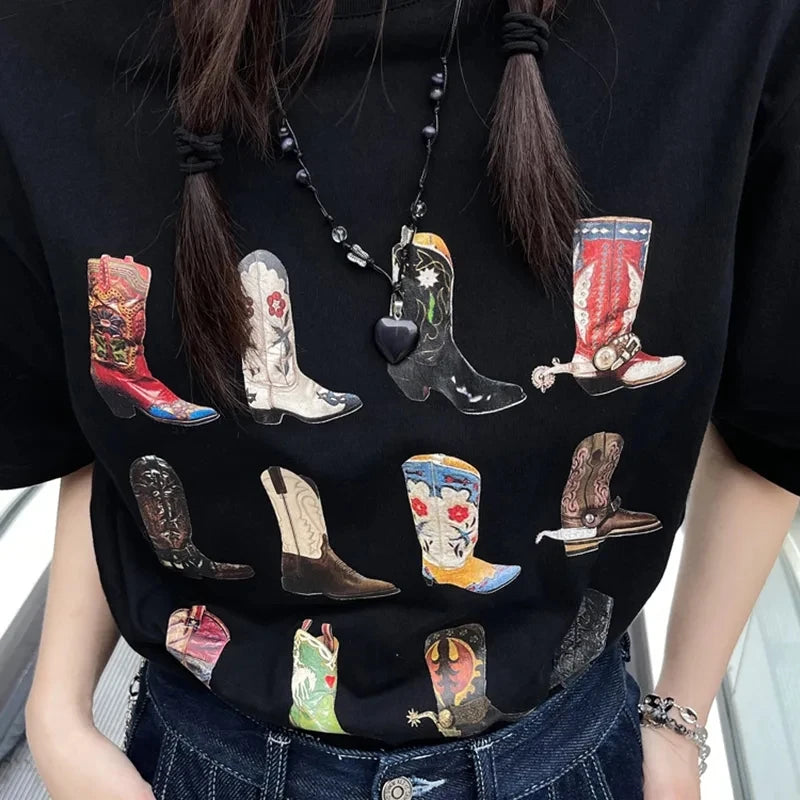 T-Shirt Western Cowgirl Vintage Boho Damen – Grafikdruck Texas | Hippie Retro Sommer Stil