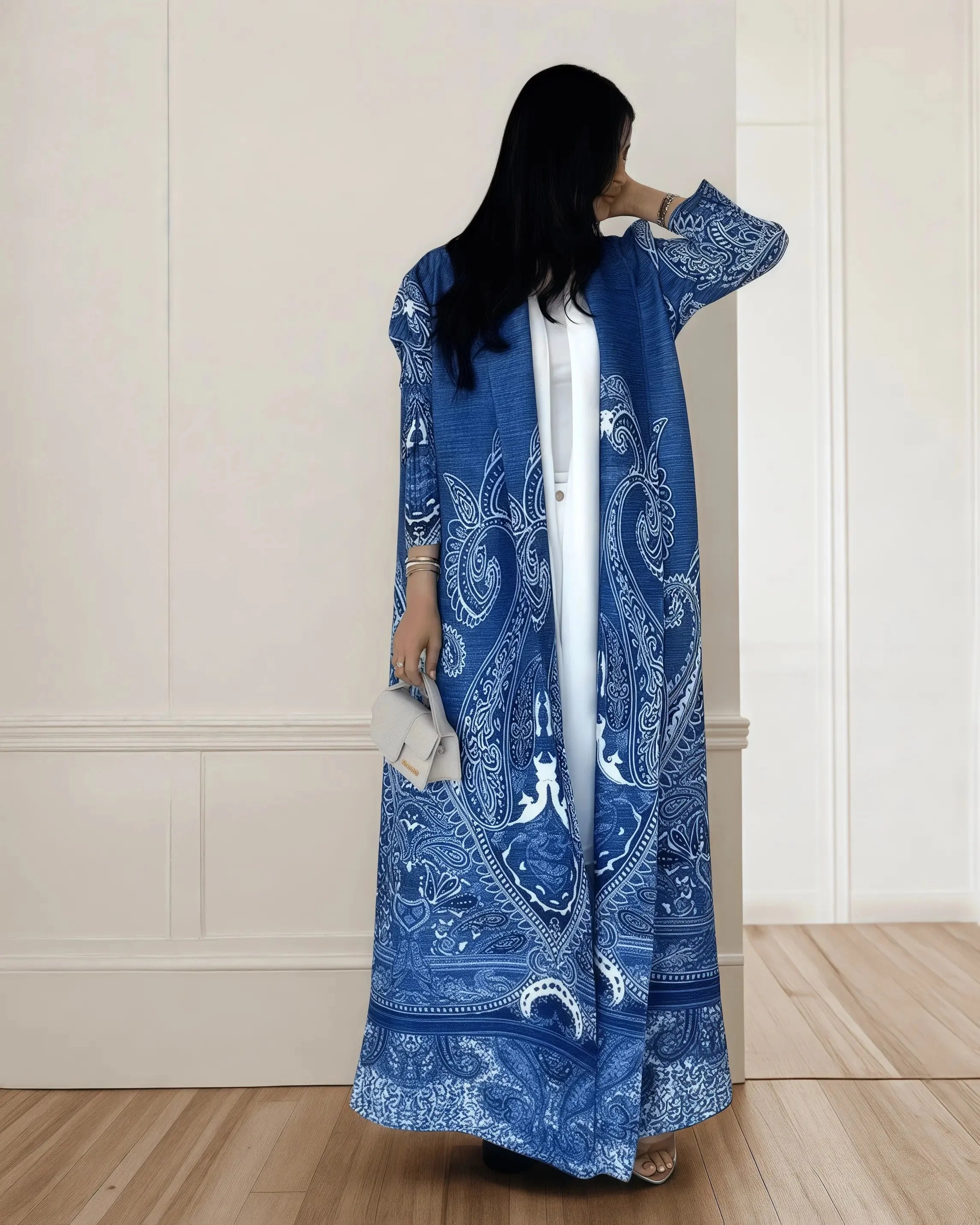 Kimono Cardigan Long Femme Abaya Imprimé Vintage Miyake Fluide Ample – Mode Modesté & Élégance