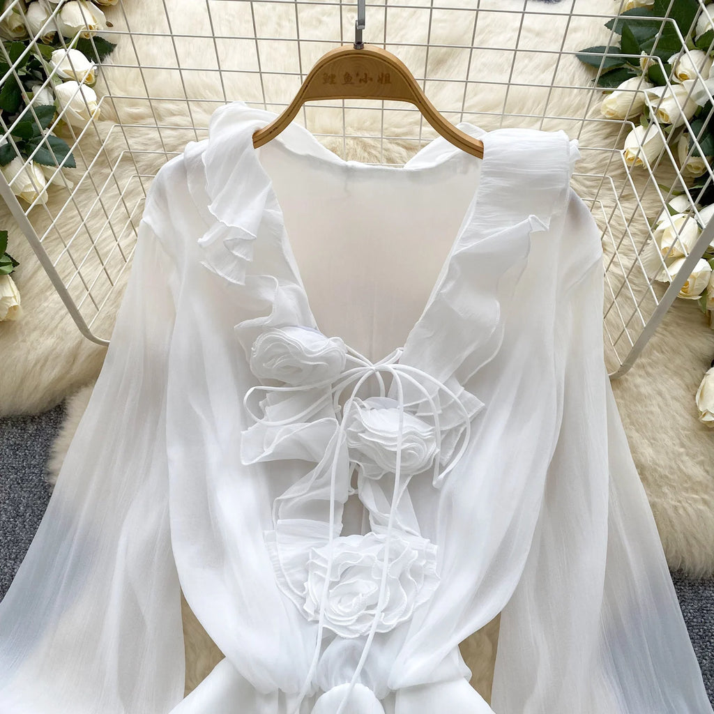 Robe Courte Femme Fleurs 3D Manches Longues Laçage Volants Mousseline – Vintage Bohème Sexy | Plage Été