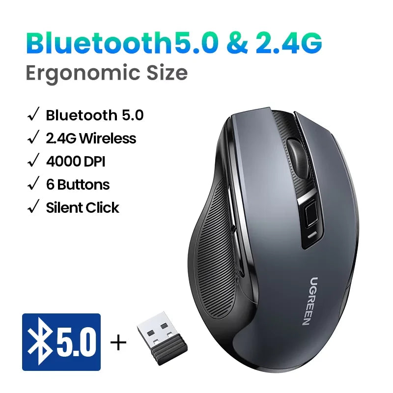 UGREEN Souris Sans Fil Ergonomique – Bluetooth 5.0 & 2.4G, 4000 DPI, 6 Boutons Silencieux | MacBook, PC & Tablette