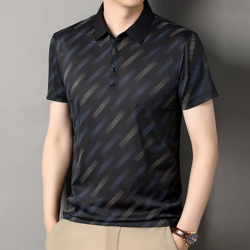 Polo für Herren, modisch, kurze Ärmel, Reverskragen, diagonale Streifen, bedruckt, lässig, Business, Golf, trendig, elegant – Premium Polo gestreift | Herrenmode Business Premium