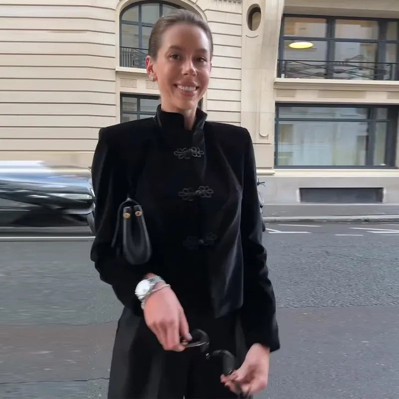 Veste Femme Velours Noir Franges Boutons Nœuds Ourlet Asymétrique Manches Longues Slim – Élégante Streetwear & Bureau